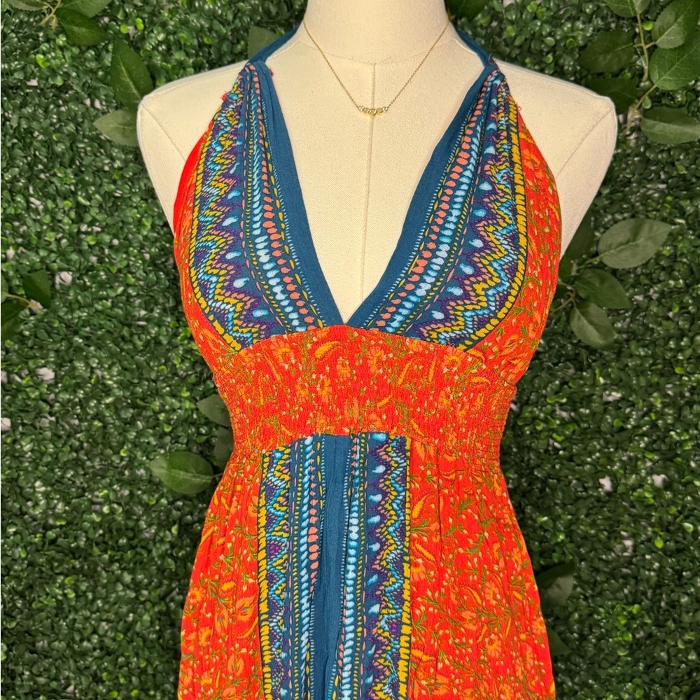Orange and Blue Patterned Bohemian Maxi Dress - Picture 3 of 9